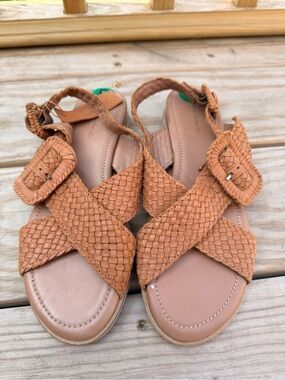 House of Harlow 1960 Woven Tan Leather Cross-Strap Sandals
